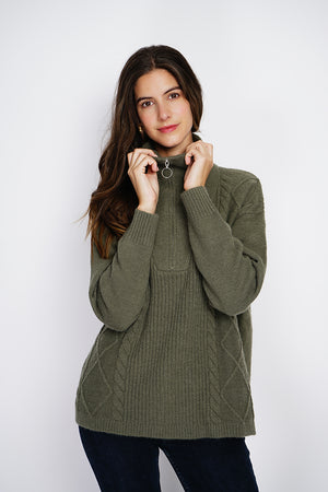 High-neck poncho sweater closed with a zip, fancy knitting with long sleeves