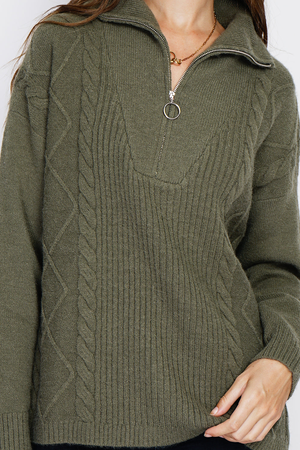 High-neck poncho sweater closed with a zip, fancy knitting with long sleeves