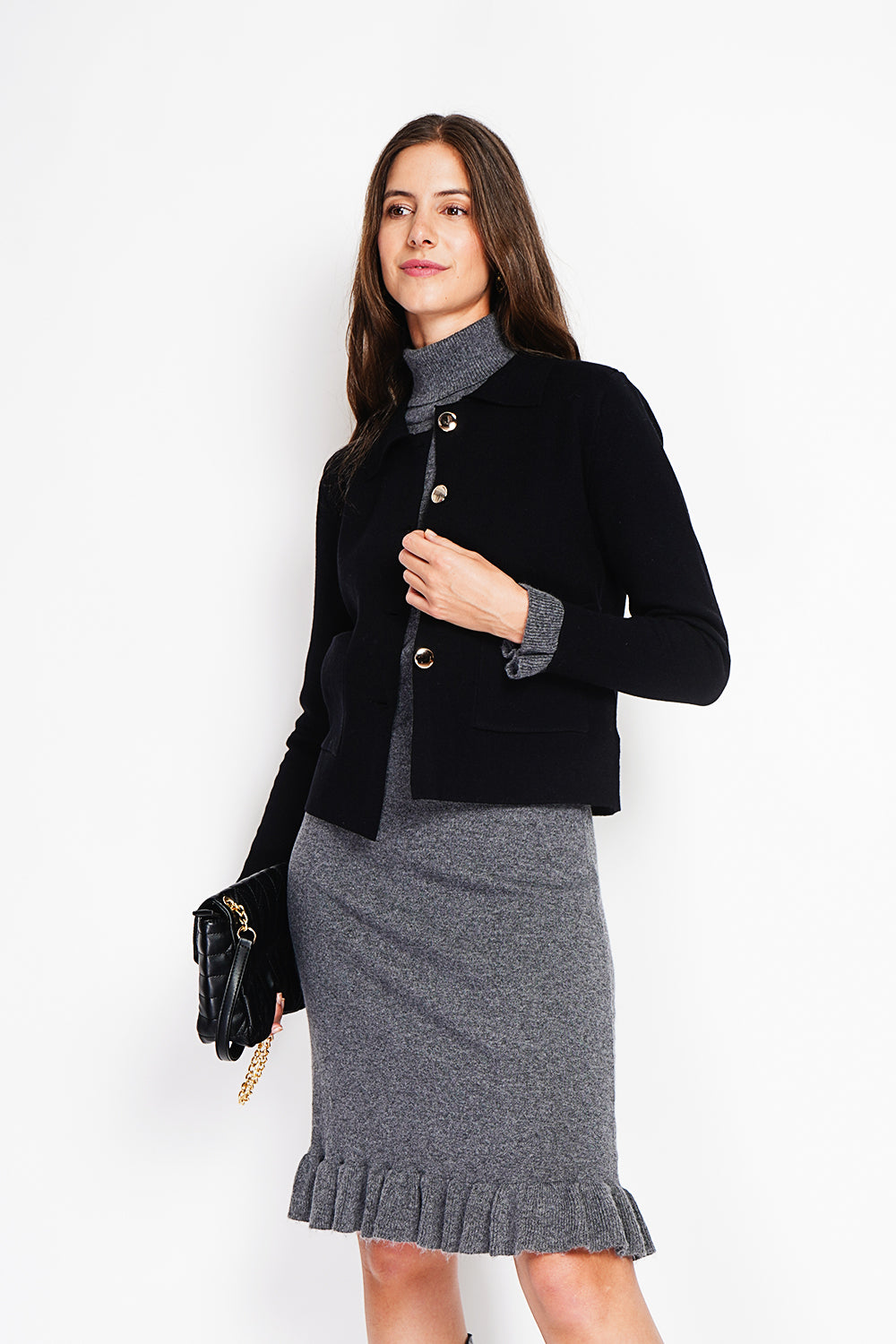 Gold Buttoned Short Jacket Oversized Cut with Long Sleeves – Black – William de Faye