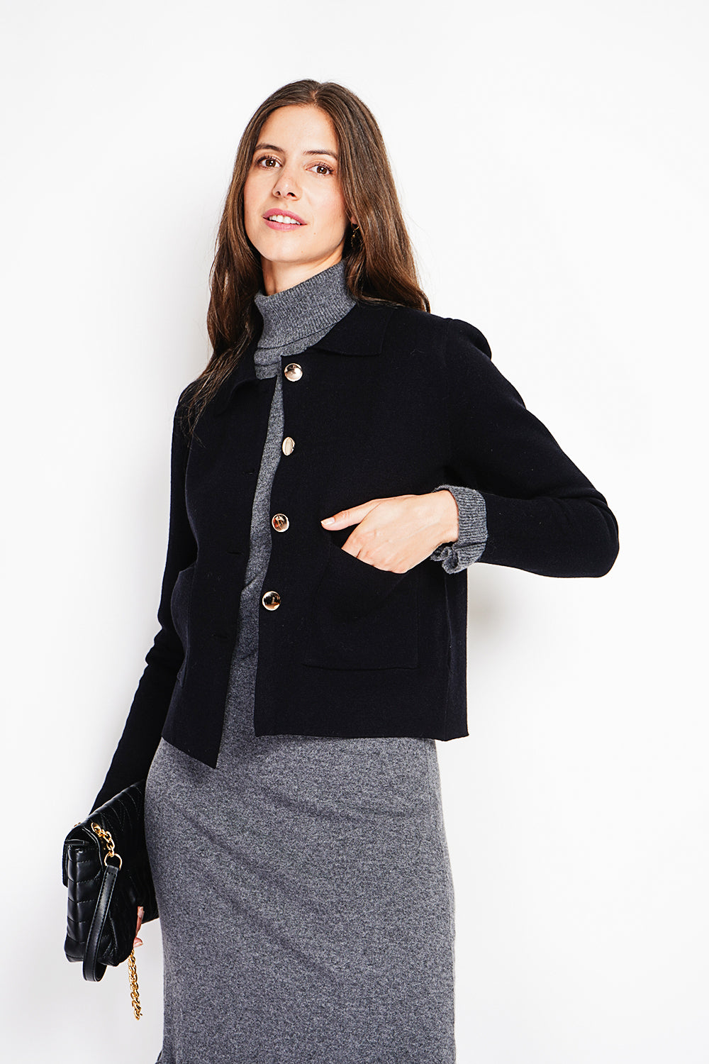 Gold Buttoned Short Jacket Oversized Cut with Long Sleeves – Black – William de Faye