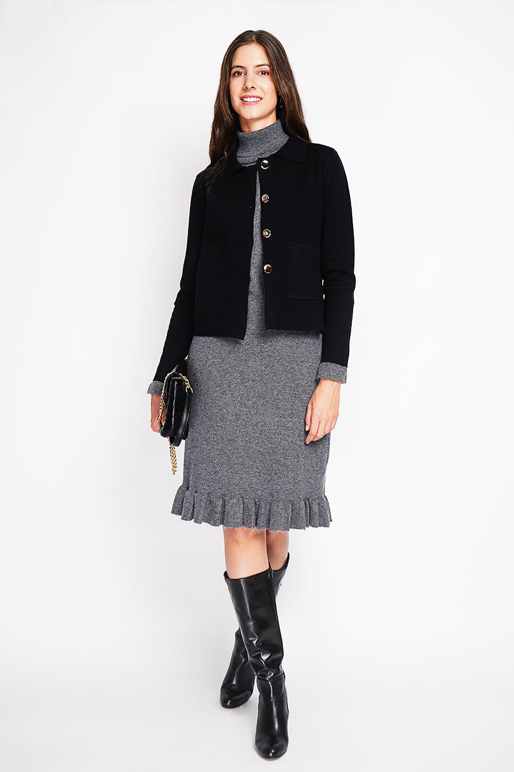 Gold Buttoned Short Jacket Oversized Cut with Long Sleeves – Black – William de Faye