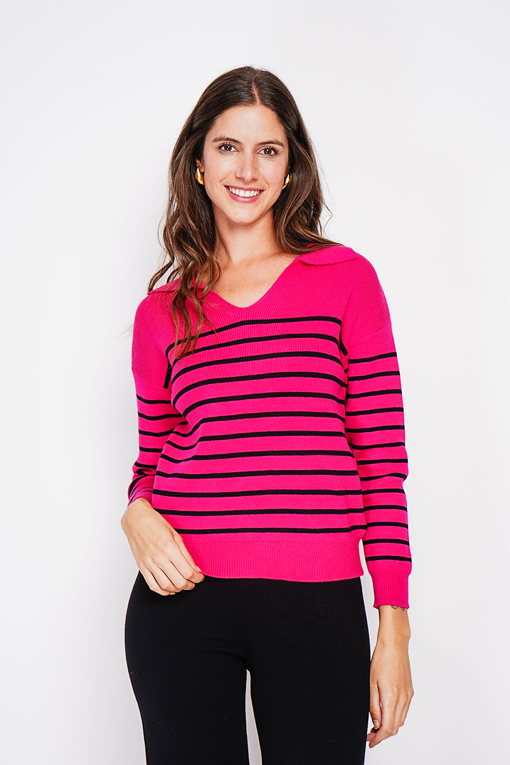 Pull marinière col polo oversize – Fuchsia – William de Faye