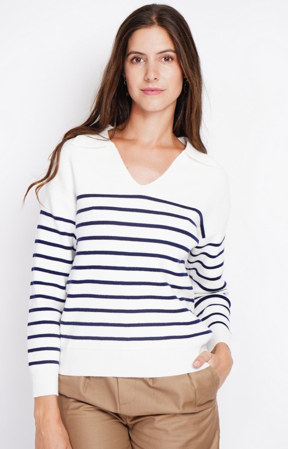 Pull marinière col polo oversize – Blanc cassé – William de Faye