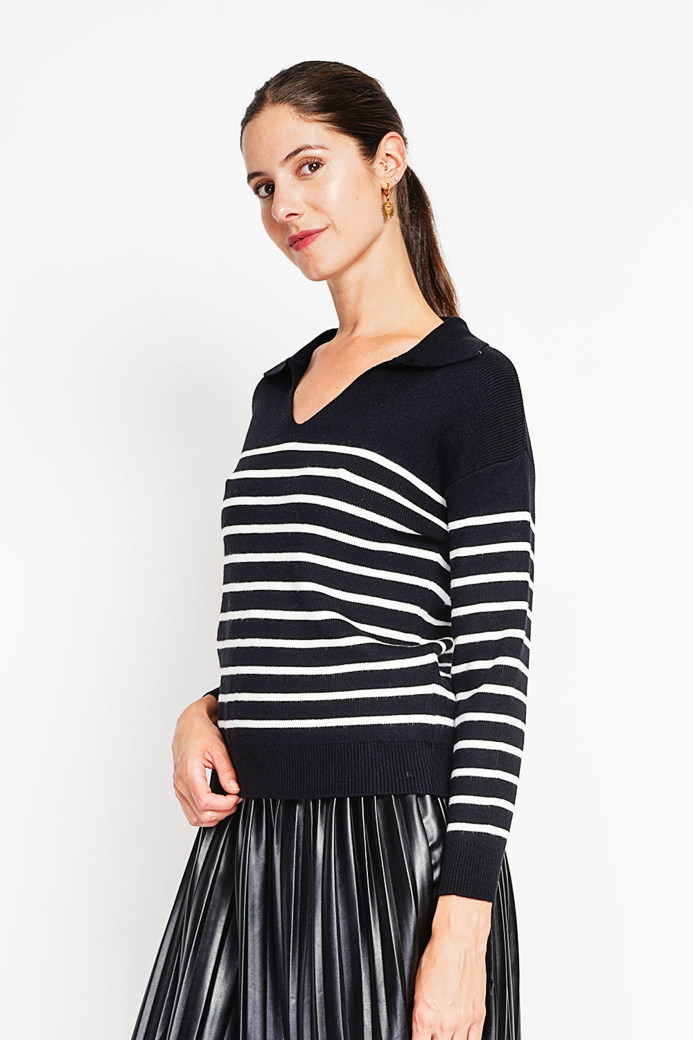 Pull marinière col polo oversize – Noir – William de Faye