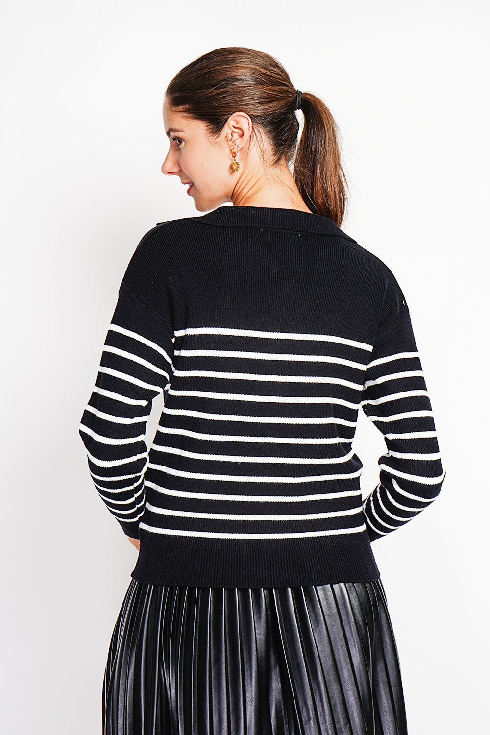 Pull marinière col polo oversize – Noir – William de Faye