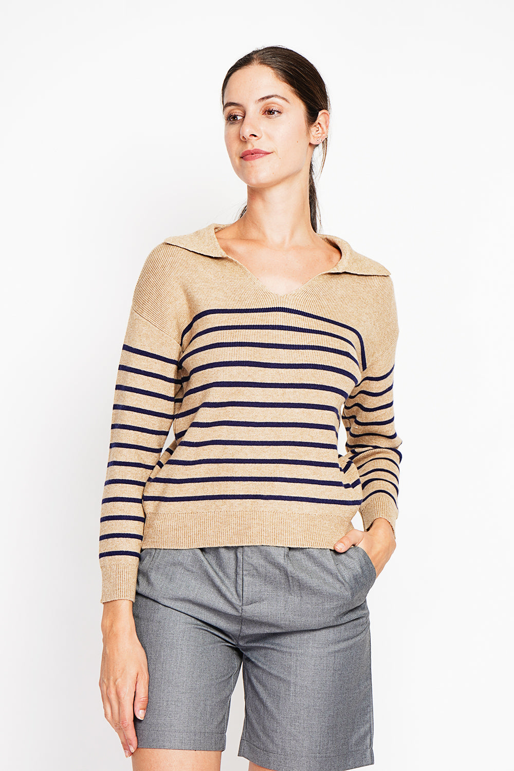 Pull marinière col polo oversize – Nougat – William de Faye