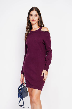 Turtleneck dress knit mesh hole at the shoulder with pearl