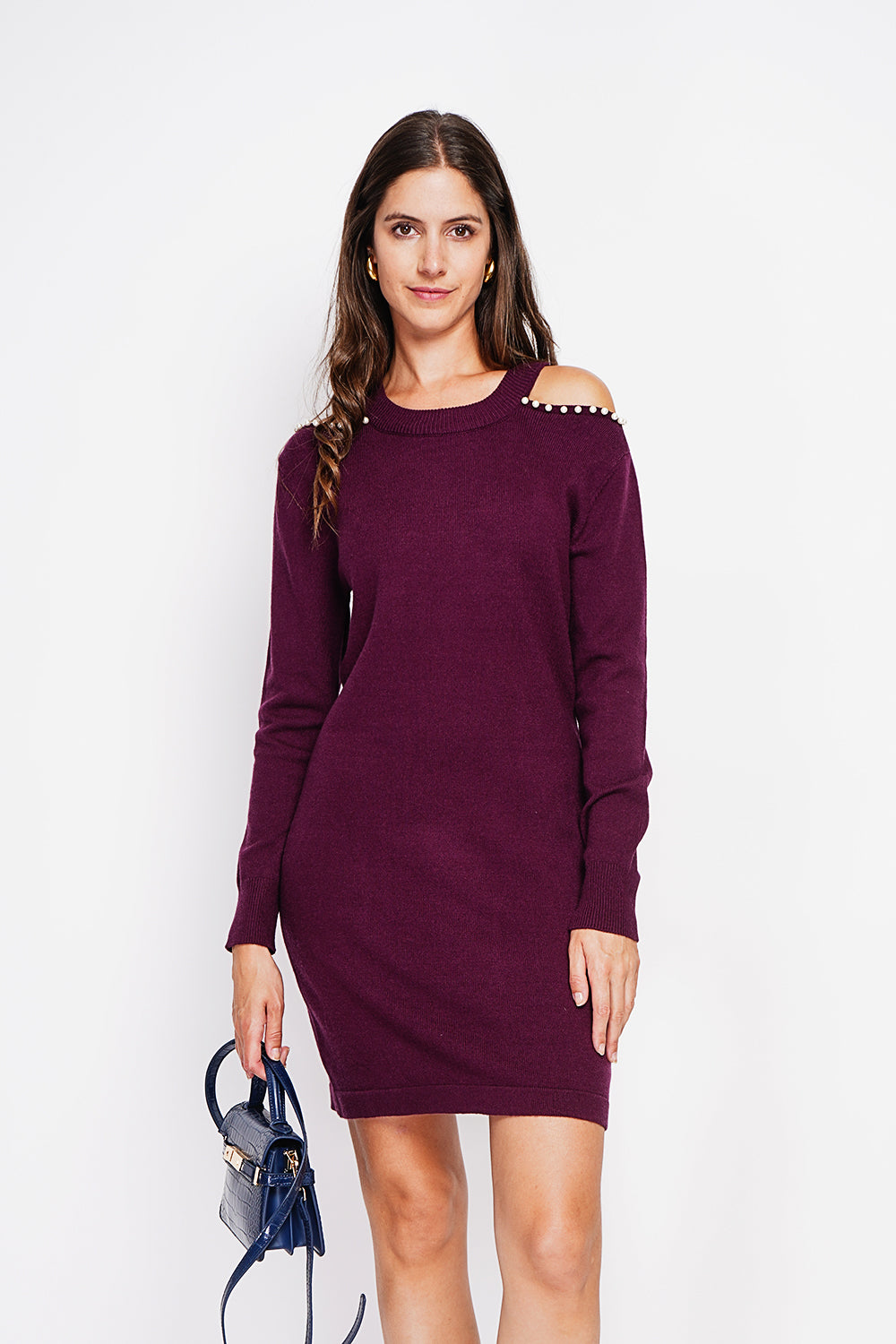 Turtleneck dress knit mesh hole at the shoulder with pearl