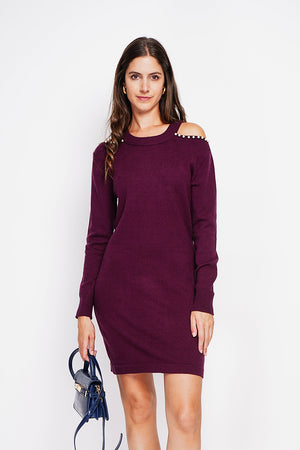 Turtleneck dress knit mesh hole at the shoulder with pearl