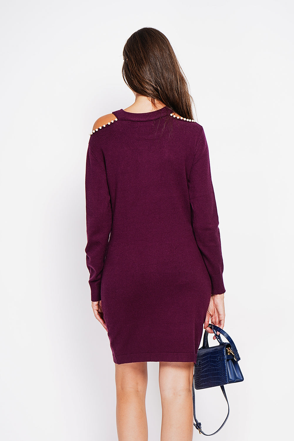 Turtleneck dress knit mesh hole at the shoulder with pearl