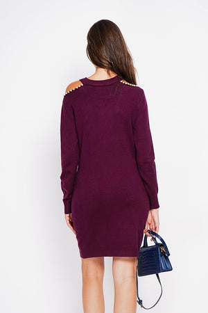 Turtleneck dress knit mesh hole at the shoulder with pearl