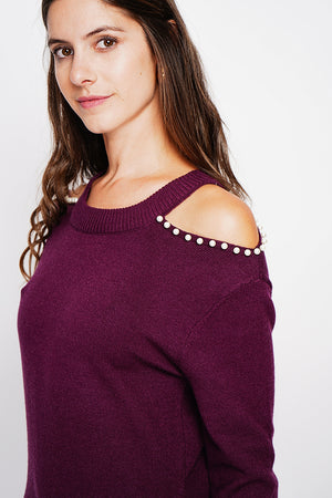 Turtleneck dress knit mesh hole at the shoulder with pearl