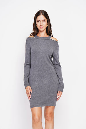 Turtleneck dress knit mesh hole at the shoulder with pearl