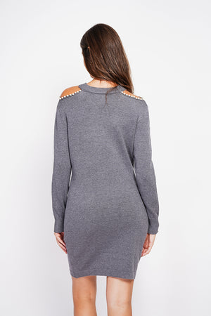 Turtleneck dress knit mesh hole at the shoulder with pearl