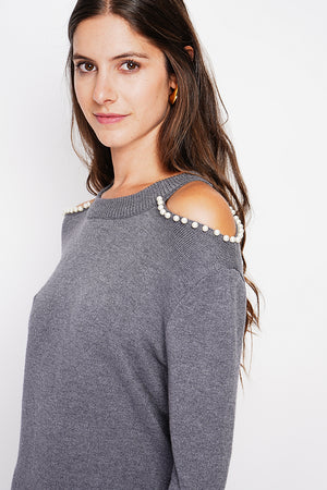 Turtleneck dress knit mesh hole at the shoulder with pearl