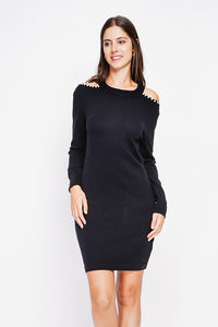 Turtleneck dress knit mesh hole at the shoulder with pearl