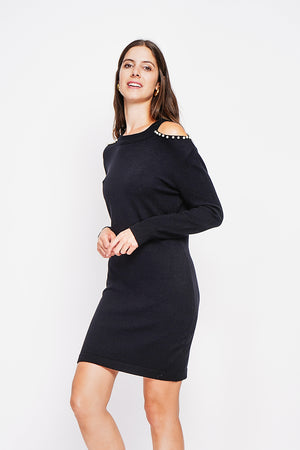 Turtleneck dress knit mesh hole at the shoulder with pearl