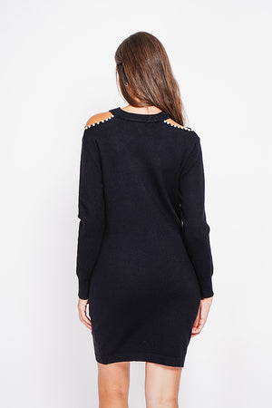 Turtleneck dress knit mesh hole at the shoulder with pearl