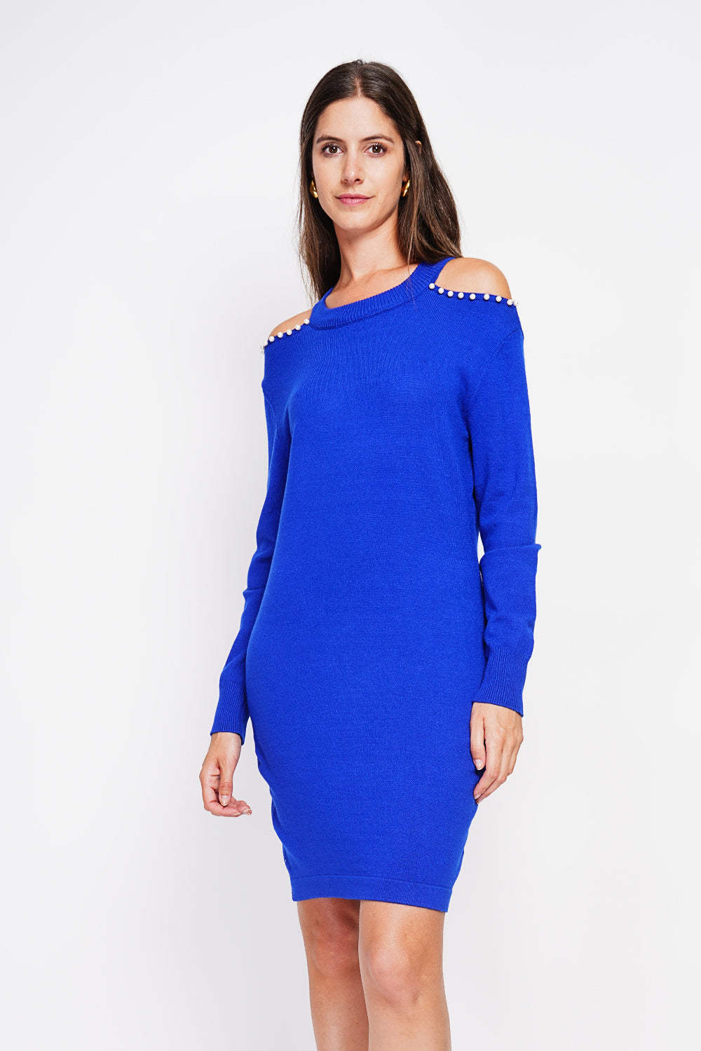 Turtleneck dress knit mesh hole at the shoulder with pearl