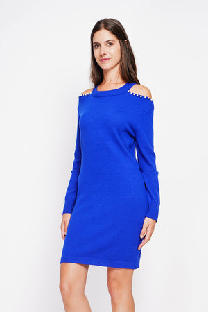 Turtleneck dress knit mesh hole at the shoulder with pearl
