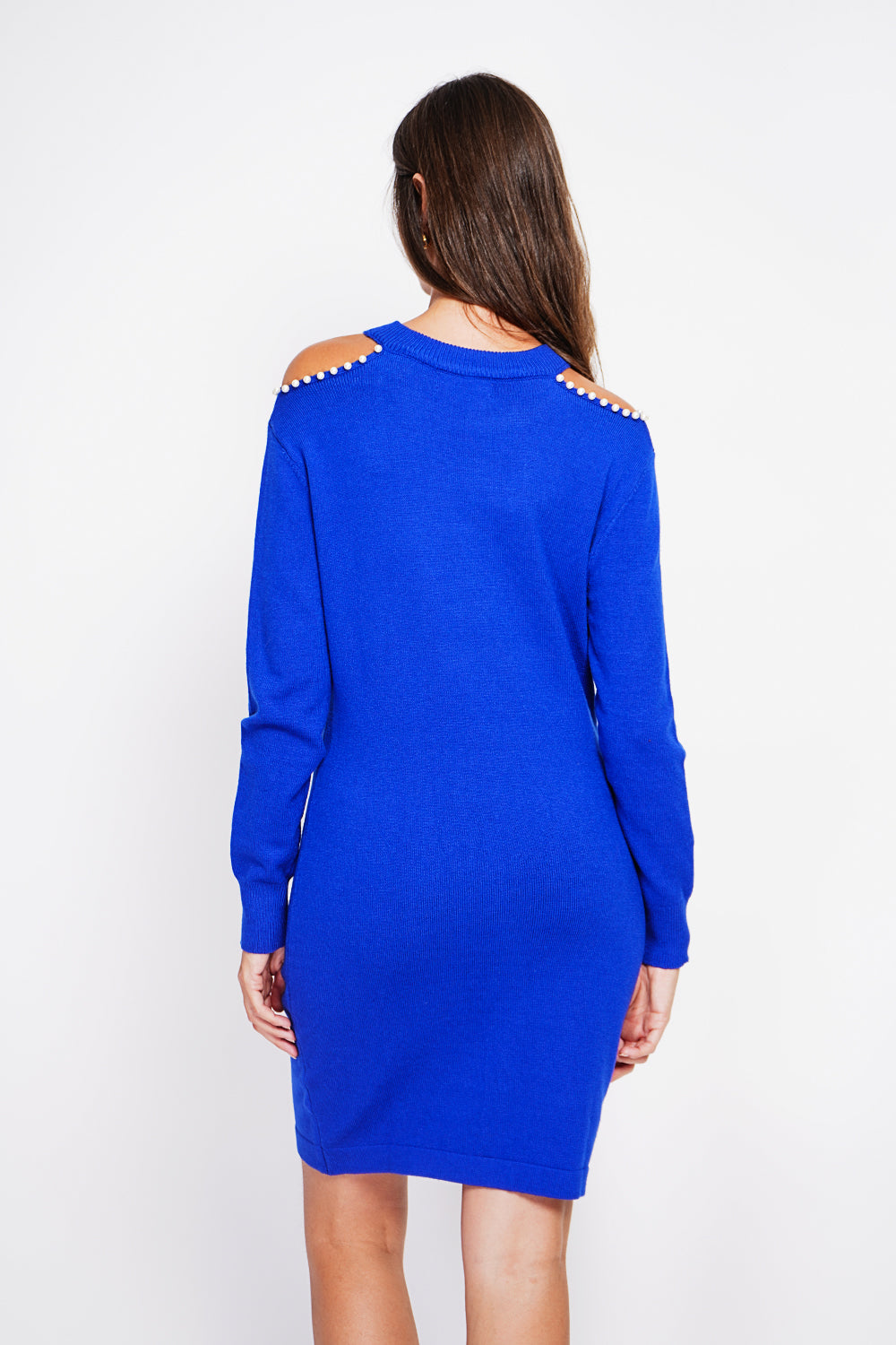 Turtleneck dress knit mesh hole at the shoulder with pearl