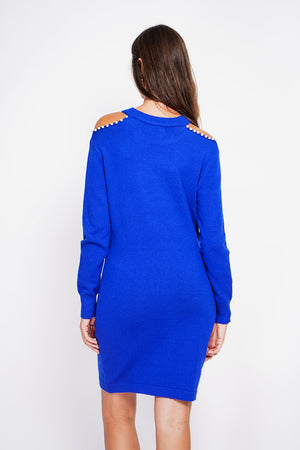 Turtleneck dress knit mesh hole at the shoulder with pearl