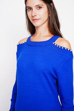 Turtleneck dress knit mesh hole at the shoulder with pearl