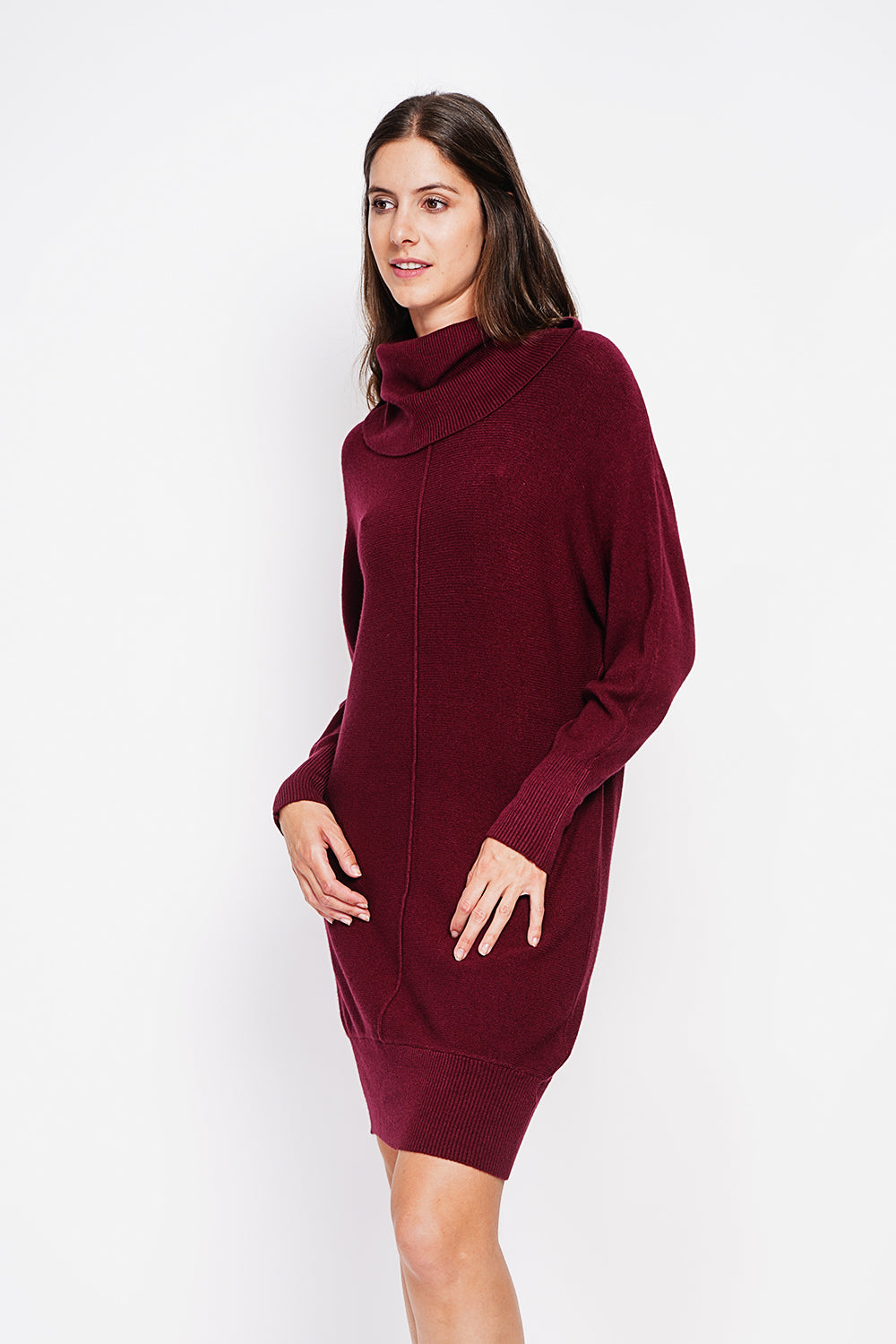 Oversized scoop neck dress with edgy front and batwing sleeves – Wine red – William de Faye