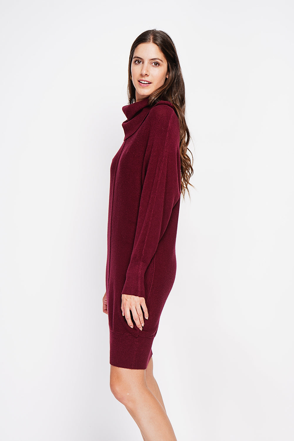 Oversized scoop neck dress with edgy front and batwing sleeves – Wine red – William de Faye
