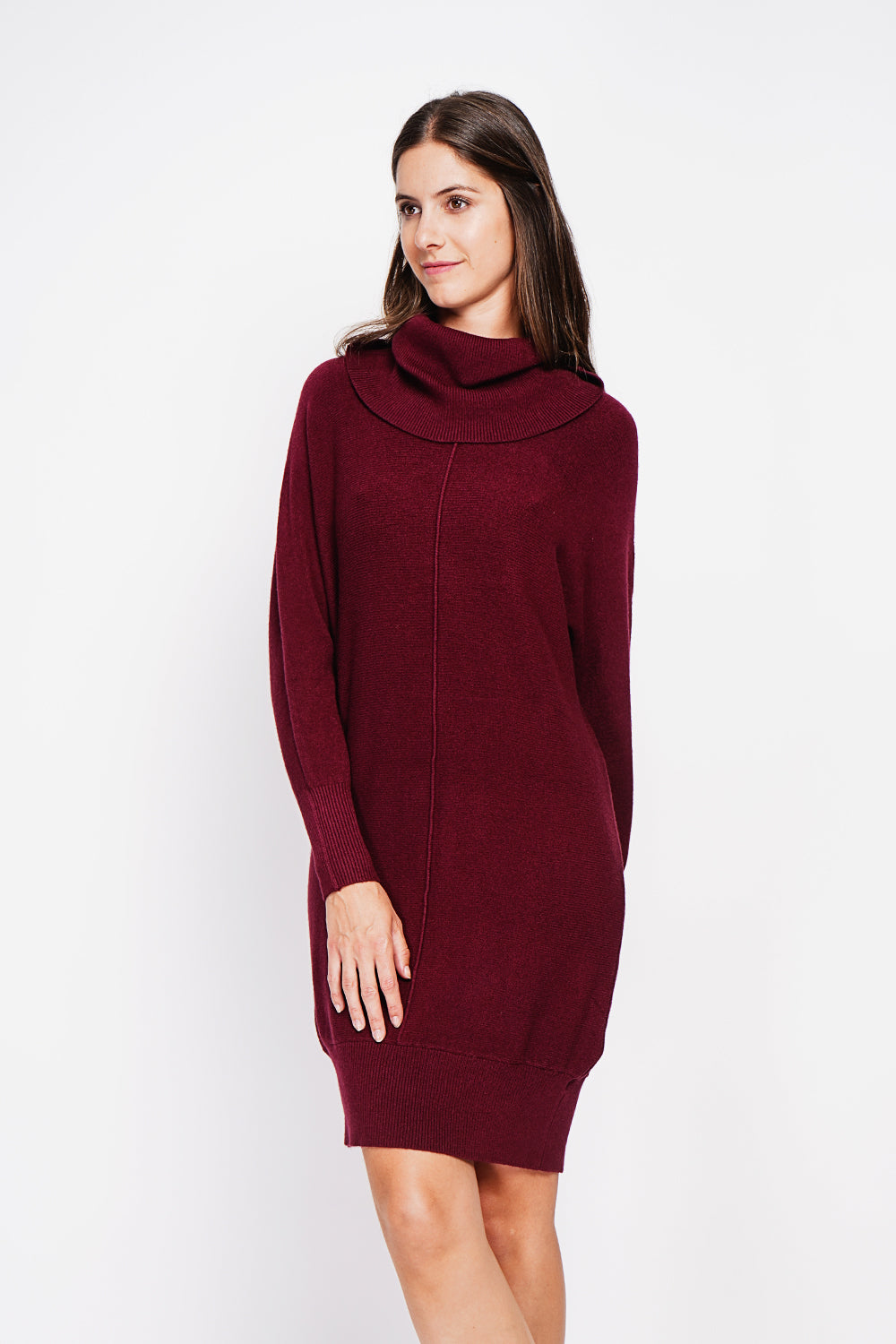 Oversized scoop neck dress with edgy front and batwing sleeves – Wine red – William de Faye