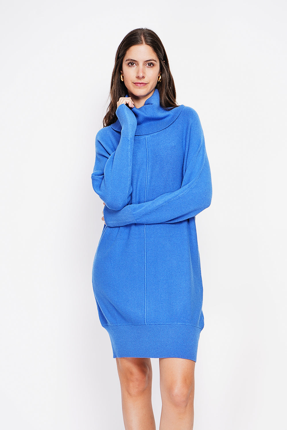 Oversized scoop neck dress with edgy front and batwing sleeves – Blue Royal – William de Faye