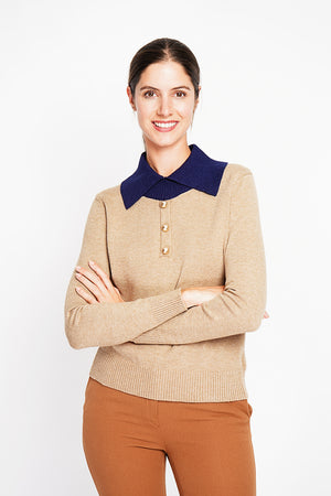 Bronze button high neck sweater with oversized fit and long sleeves
