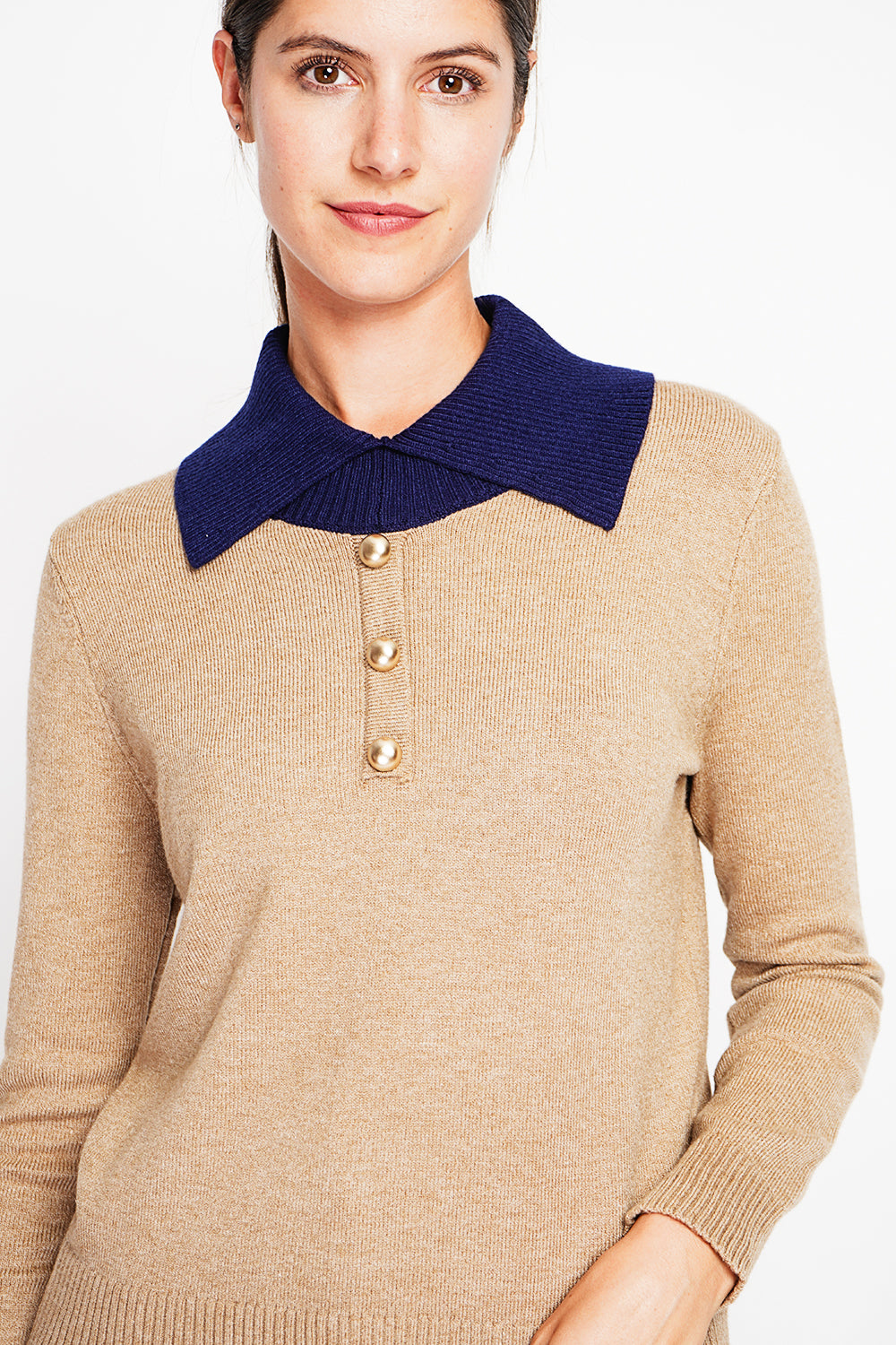 Bronze button high neck sweater with oversized fit and long sleeves