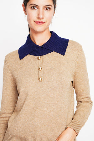 Bronze button high neck sweater with oversized fit and long sleeves