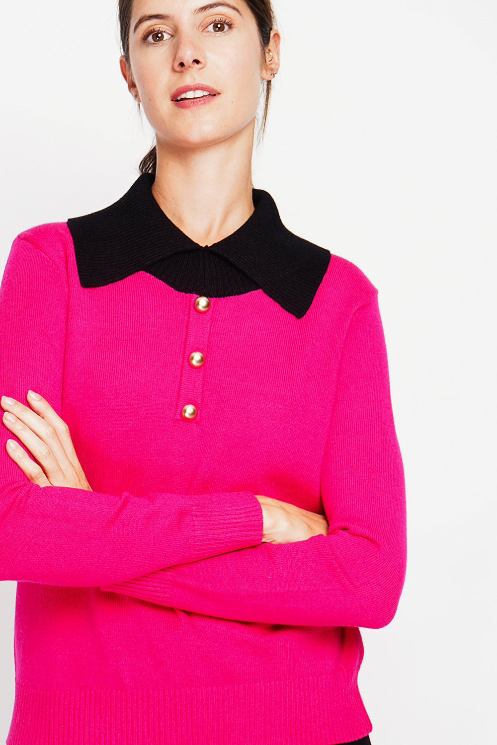 Bronze button high neck sweater with oversized fit and long sleeves