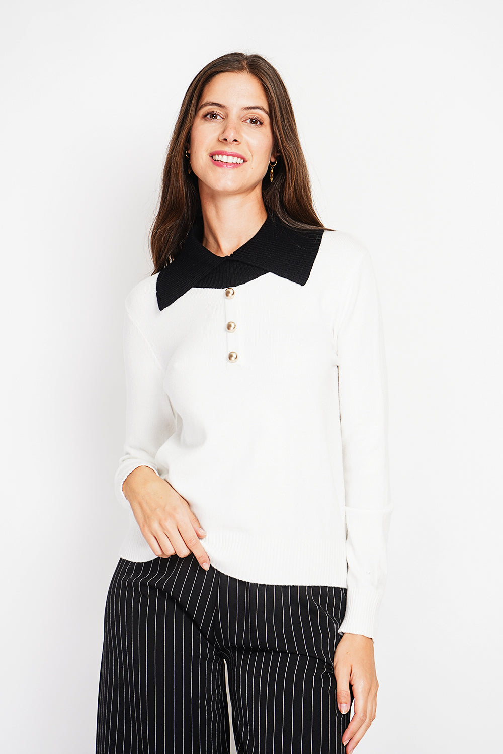 Bronze button high neck sweater with oversized fit and long sleeves