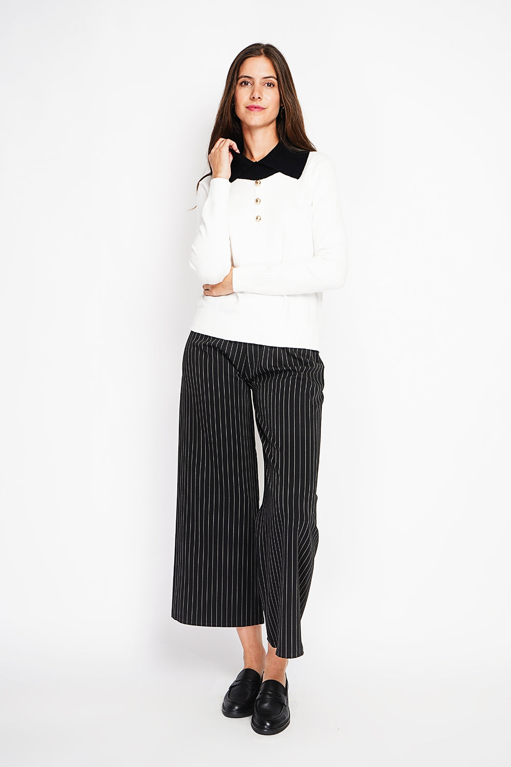 Bronze button high neck sweater with oversized fit and long sleeves