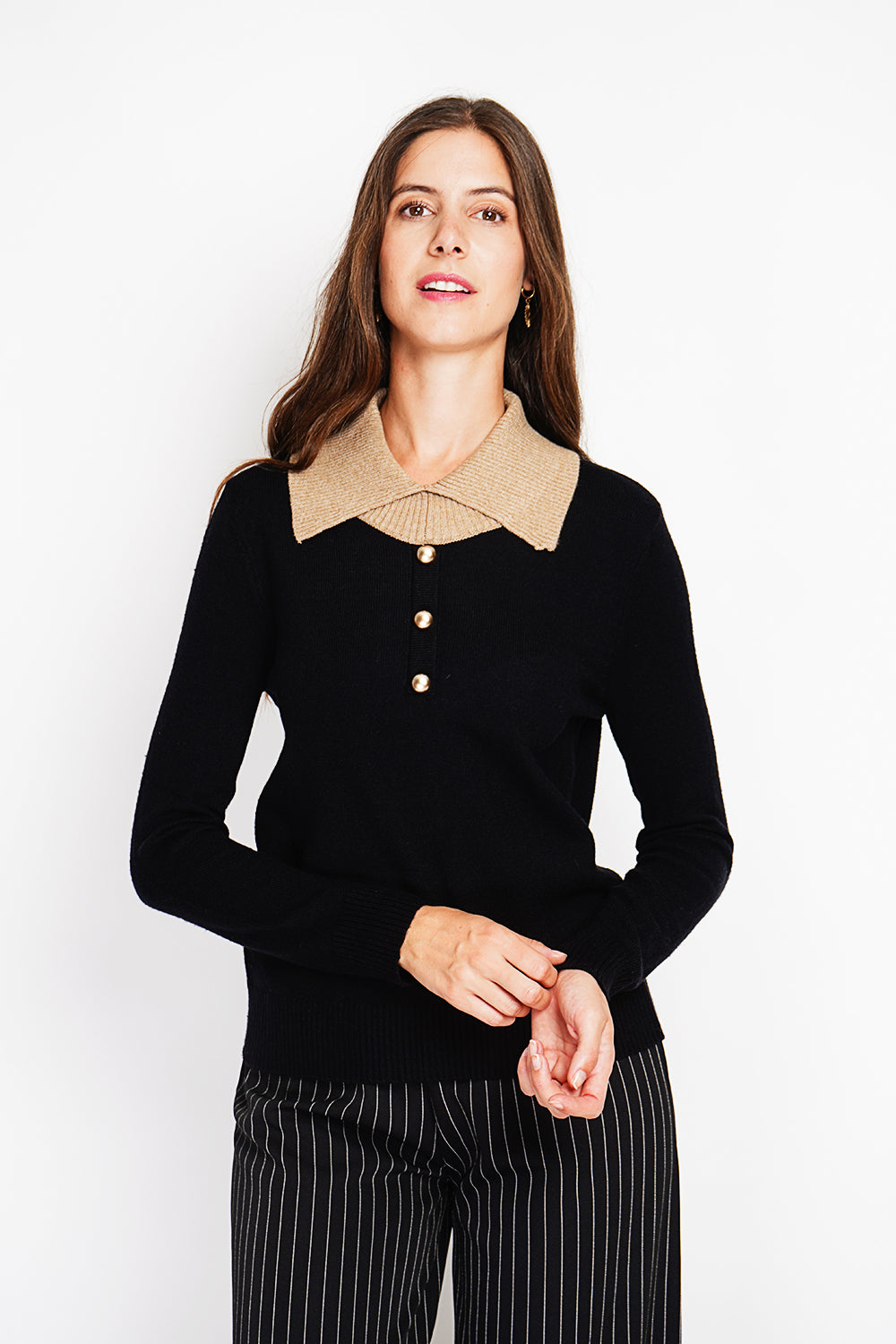 Bronze button high neck sweater with oversized fit and long sleeves