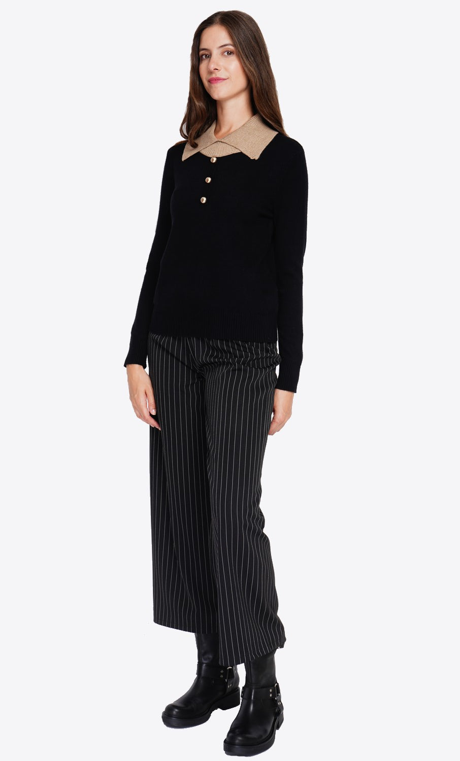 Bronze button high neck sweater with oversized fit and long sleeves