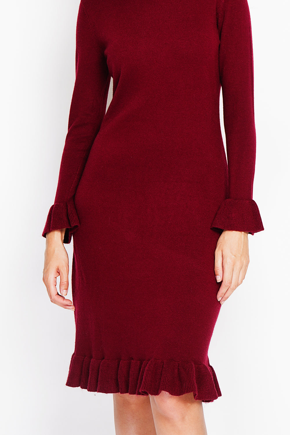Dress with large low collar in foufou on long sleeves and bottom – Wine red – William de Faye