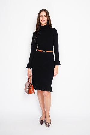 Dress with large low collar in foufou on long sleeves and bottom