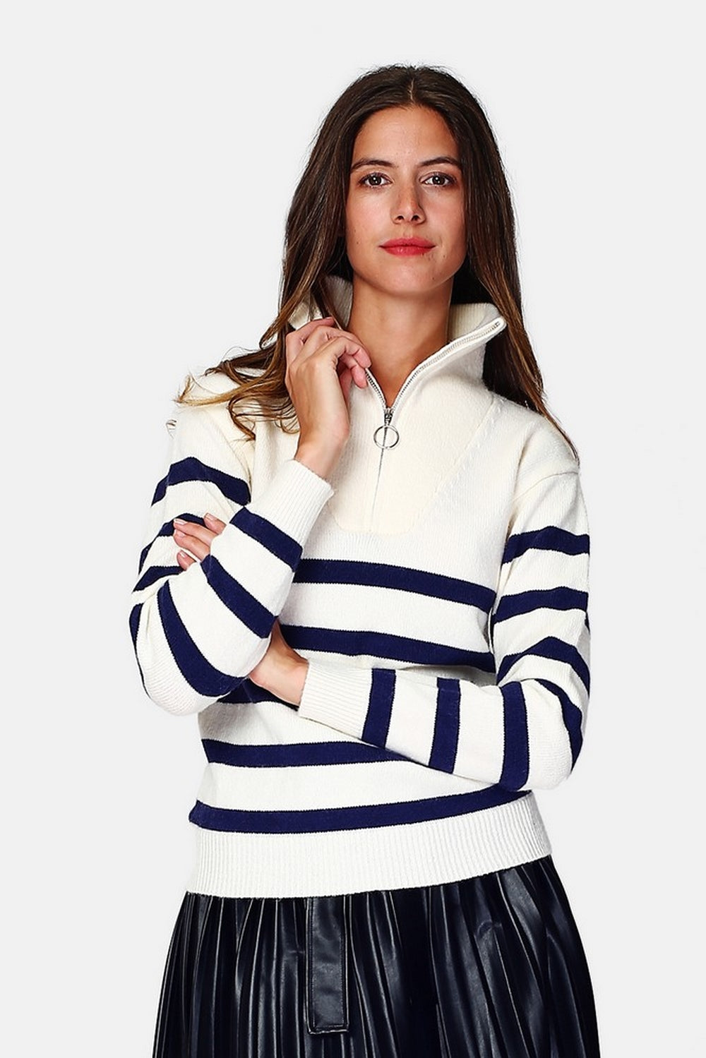 Sailor zip-up trucker neck sweater with long sleeves