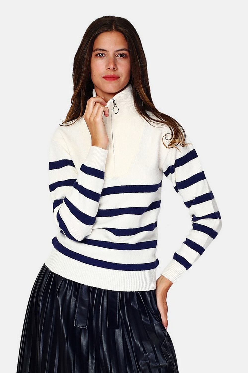 Sailor zip-up trucker neck sweater with long sleeves