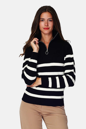 Sailor zip-up trucker neck sweater with long sleeves