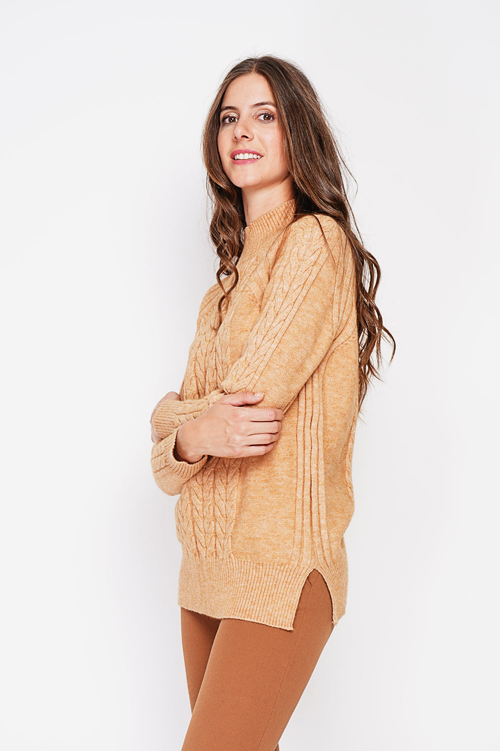 Long sleeve twisted high neck tunic – Camel – William de Faye
