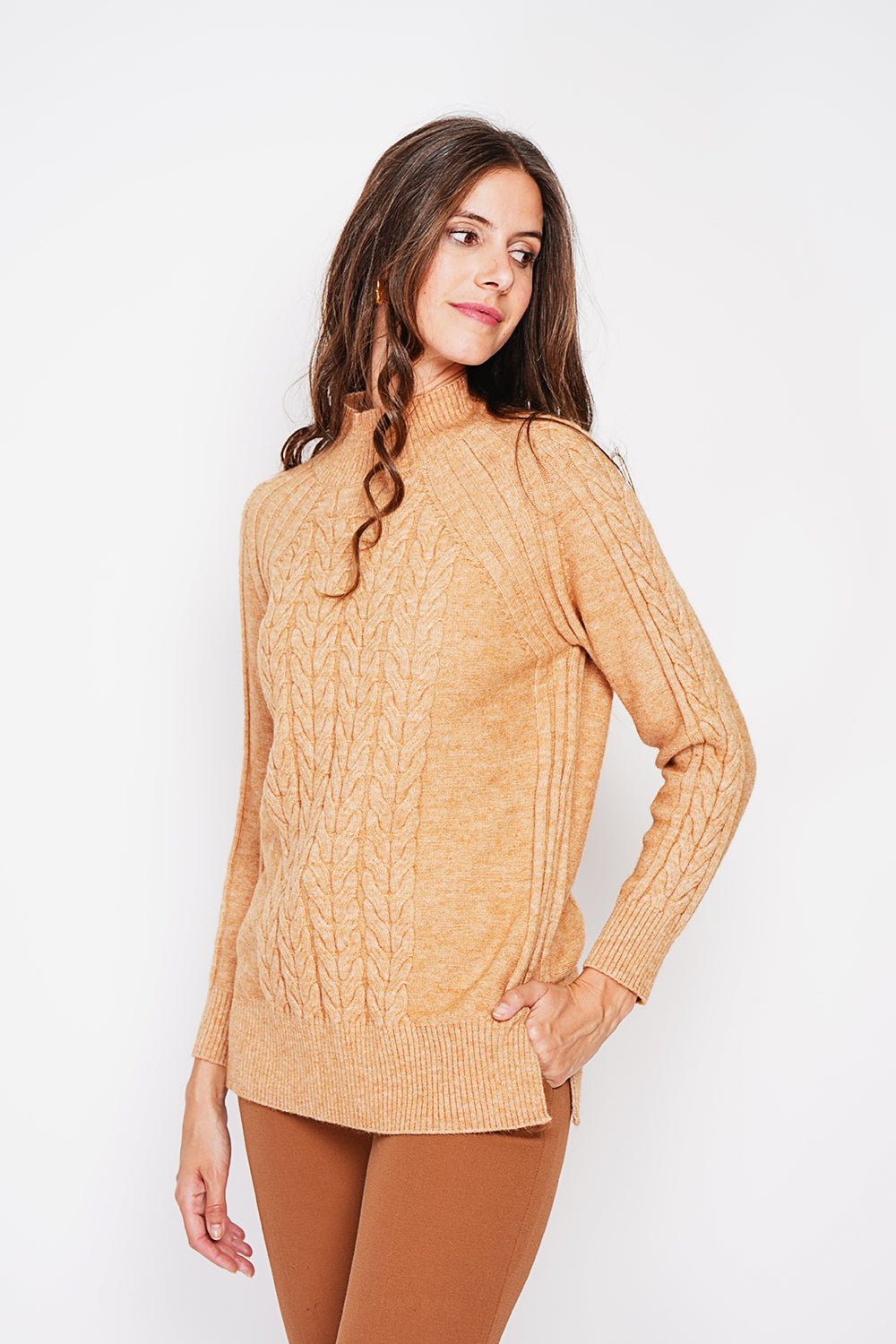 Long sleeve twisted high neck tunic – Camel – William de Faye