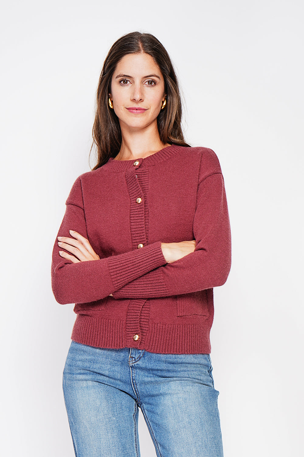 Gilet col rond poches boutons fantaisie – Bordeaux – William de Faye