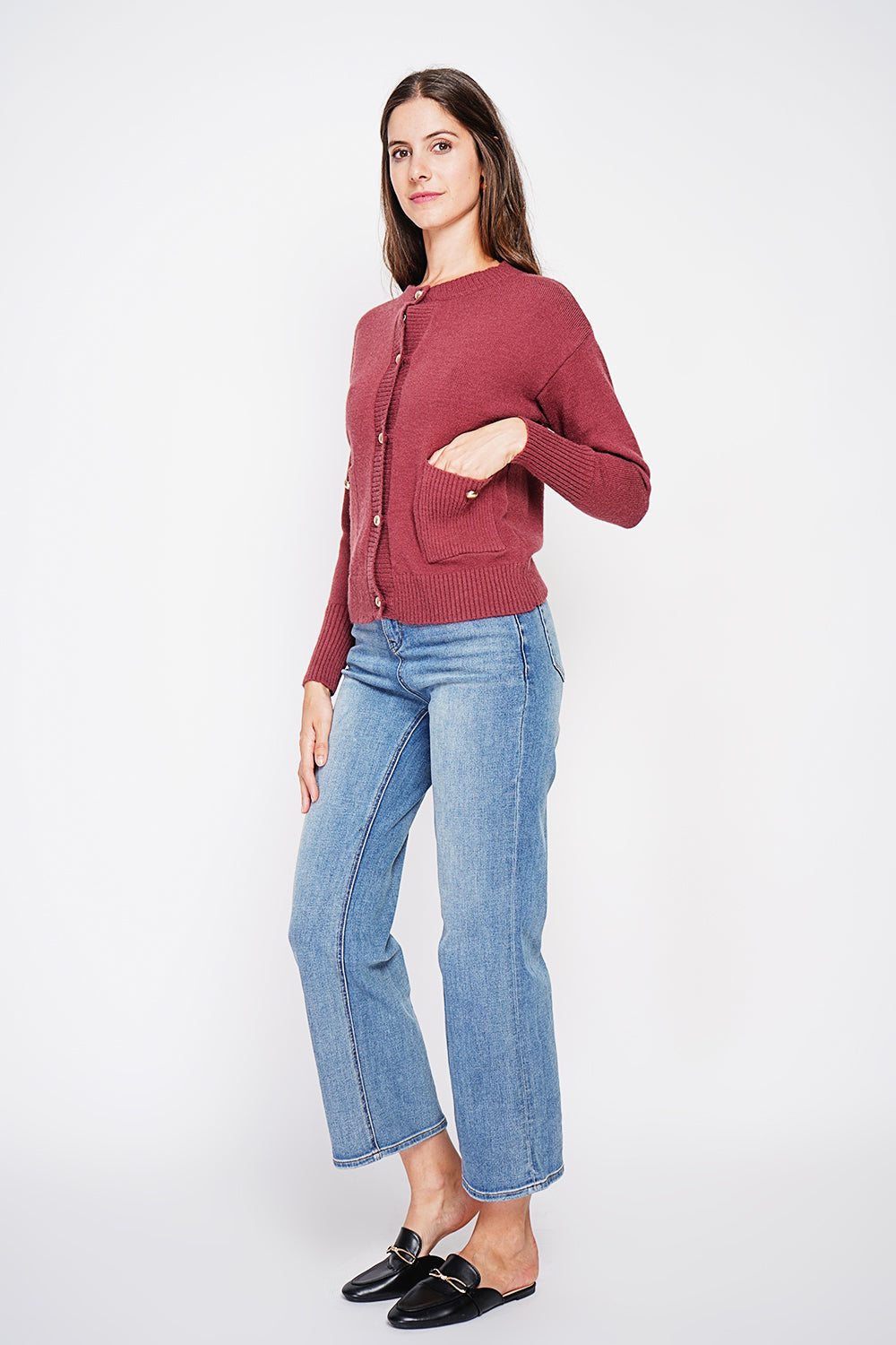 Gilet col rond poches boutons fantaisie – Bordeaux – William de Faye