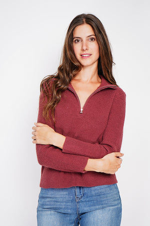 Ribbed zipped high neck sweater with long sleeves