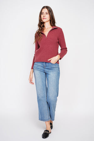 Ribbed zipped high neck sweater with long sleeves